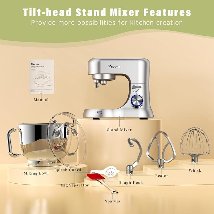 Stand Mixer, Zuccie Stand Mixer Quiet Stirring Mixer including 5L Stainless Steel Bowl, 3 Mixing Tools, Splash Guard, Dough Scraper, and Egg Separator, 8+P Speed Dough Mixer Silver