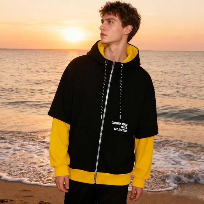 Чоловіча толстовка з капюшоном RUIZEHONG з блискавкою, спортивна куртка, блоковий колір, повсякденний стиль, з кишенями, біло-чорна (чорно-жовта, L)