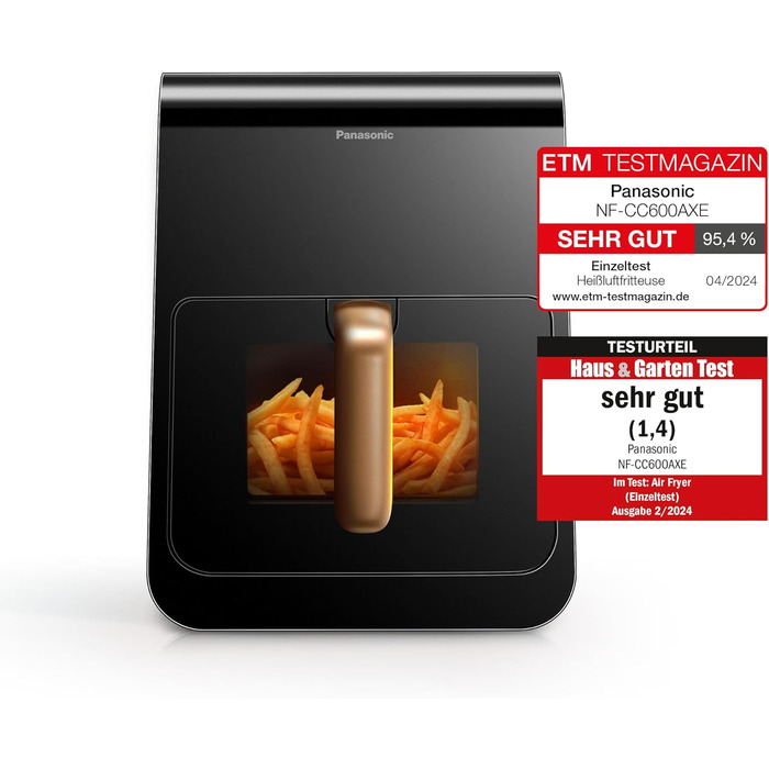 Panasonic NF-CC600AXE Air Fryer with Viewing Window, 6 l, 80–200 °C, digital timer & LCD display, gentle steam injection, 11 presets, easy cleaning, Black with Rose Gold handle