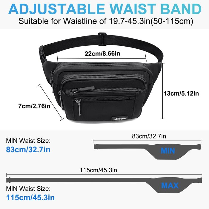Чоловіча/жіноча поясна сумка-бананка з дощовиком, велика, з нейлону, 5 відділень на блискавці, для туризму, спорту, прогулянок з собакою (Чорна)