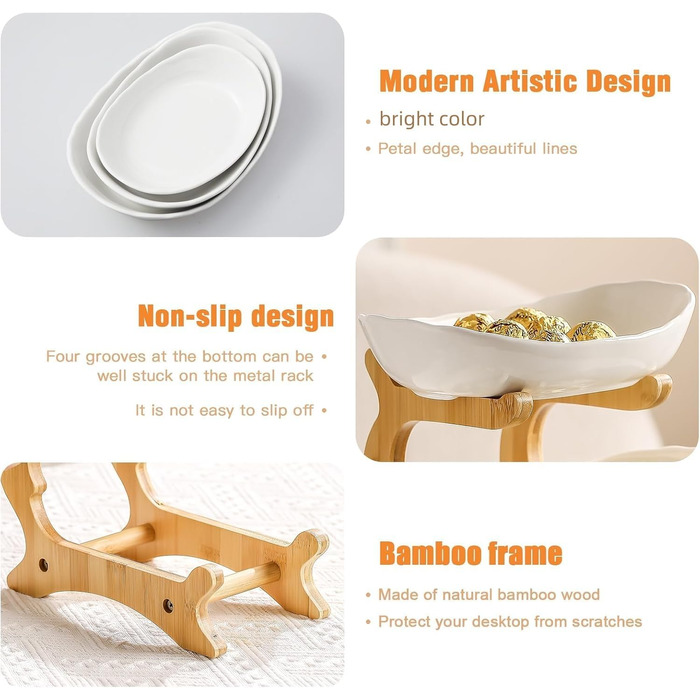 Керамічна фруктова тарілка-етажерка на 2 яруси MEESOGA з бамбуковою підставкою для кухні | Фрукти, овочі, снеки