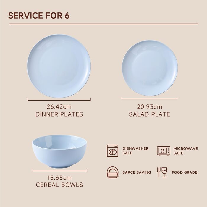 Набір посуду HIKAA на 6 осіб, 18-ти предметний сервіз з кісткового фарфору, комплект тарілок, безпечний для мікрохвильової печі та посудомийної машини, сервіз для дому, весілля, легкий та довговічний (блакитний)