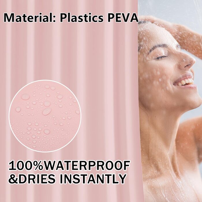 Штора для душу 180x180 см, водонепроникна, антигрибкова, для ванни/душу, з кільцями, рожева