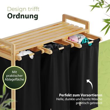 AMBIAVO® Laundry Basket with 3 Compartments and Wheels [black, 100% cotton, bamboo, 90 l volume] | Laundry Collector for dirty laundry | Laundry sorting system | Laundry sorter wood | Laundry box | laundry baskets