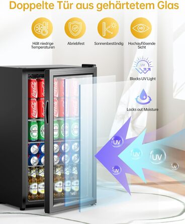 Міні-холодильник для напоїв WIE з подвійними скляними дверцятами, регульованими полицями, 86 літрів, 120 банок, для соди/пива, для дому/кухні/бару/офісу