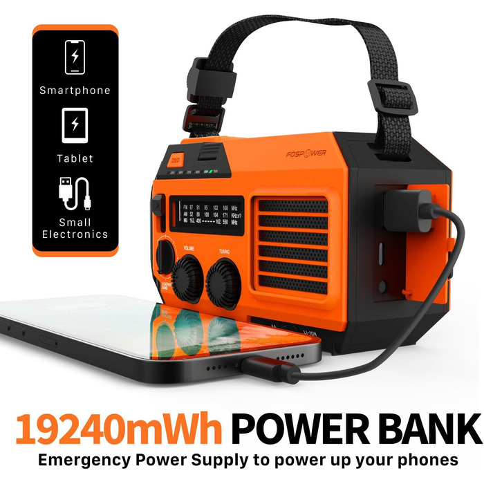 Радіоприймач FosPower NOAA/FM/AM з Power Bank 5200mAh, сонячною та ручною зарядкою, ліхтарик, SOS-сигнал - помаранчевий