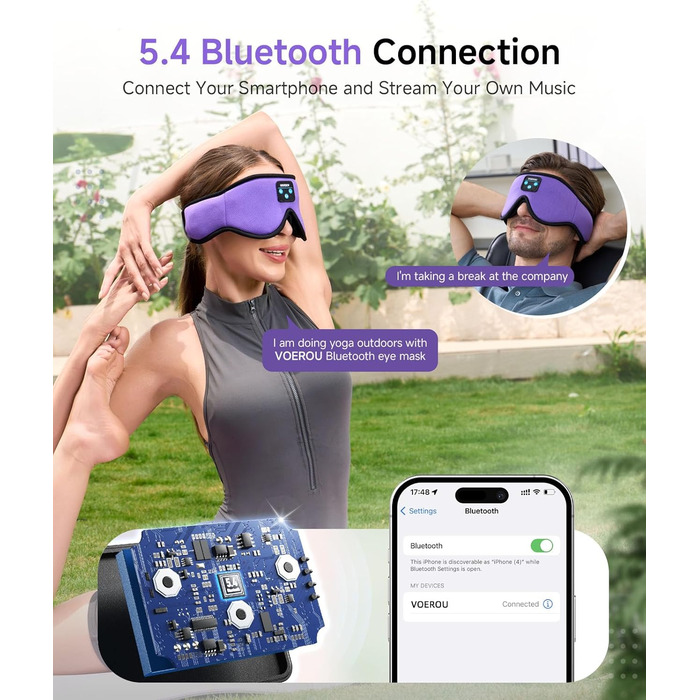 Маска для сну Voerou з Bluetooth 5.4 та вбудованими стереодинаміками, для тих, хто спить на боці, фіолетовий колір