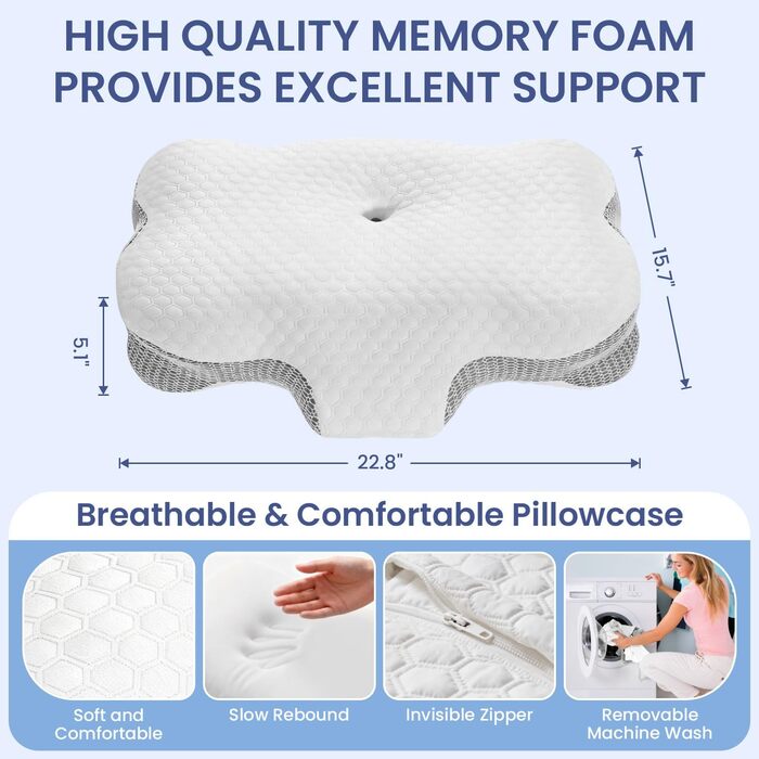 Подушка для шиї з піни Memory Foam, ортопедична для сну на боку, спині та животі (1 шт.), світло-біла
