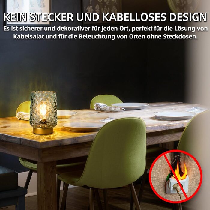 LED настільна лампа MJ PREMIER: акумуляторна, сенсорне керування, регулювання яскравості, скло, USB зарядка, аварійне освітлення (зелена)