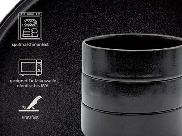 Igunga Stoneware Dinnerware Set - 12 Piece Service for 4 | Reactive Glaze, Matte Black & Glossy Interior Bowls | Premium Handcrafted Tableware