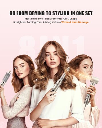 Airstyler 8-в-1: комплект для укладки та сушки волосся з автоматичною завивкою, щіткою, концентратором, дифузором, швидка сушка, без пошкодження волосся, золото