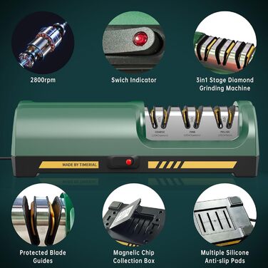 Електричний точило для ножів 3 ступені алмазних шліфрісків, 15° прецизійна кутова направляюча, для заточування та полірування сталевих та керамічних кухонних ножів, 120/600/1000 гріт