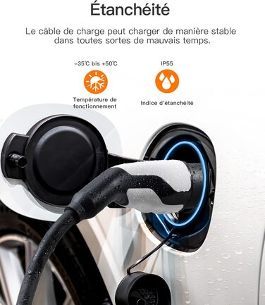 Кабель зарядки Tomons для електромобілів, 32A, 3-фазний, Тип 2, з чохлом та мікрофіброю, сумісний з Tesla Model S/3/X/Y, Volkswagen ID.3, ID.4 (22kW, 7м)