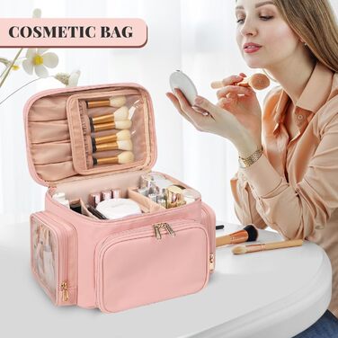 Косметичка велика для подорожей, жіноча косметичка з відділенням для пензлів, портативна органайзер для макіяжу (рожева)