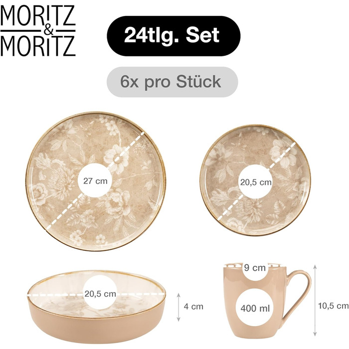 Набір посуду Moritz & Moritz Mariella SteinGut на 6 осіб (24 шт.) - Сучасний сервіз у бежевому кольорі з іграшковим дизайном, легкий у догляді, включає тарілки, чашки, миски та інше