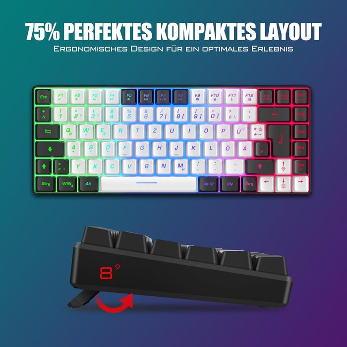 RedThunder Бездротовий ігровий комплект клавіатури та миші, DE TKL, 85 клавіш, акумулятор, компактний, 7200DPI, для PC, Mac, PS5, Xbox (біло-чорний)