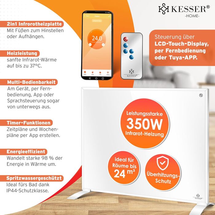 Інфранічний обігрівач KESSER® 350W: енергозберігаючий, з пультом, термостатом та керуванням через додаток. Можливість встановлення на підлогу або на стіну. Білий конвекторний нагрівач.