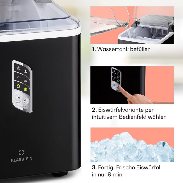 Klarstein Ice Cube Machine Small, Fast Ice Cube Maker, Self-Cleaning Ice Cube Maker, Ice Cube Device for Large and Small Ice Cubes, with Ice Cube Container, 12kg/24h, Capacity 1.5 L