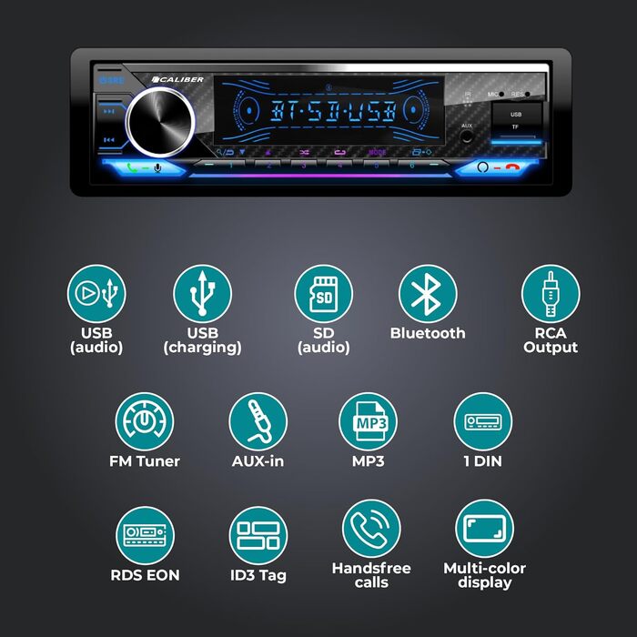 Автомагнітола Caliber 1DIN Bluetooth, FM-тюнер, 4x100Вт, USB/MicroSD, зарядка 2.1A, AUX, гучний зв'язок, зовнішній мікрофон, RCA, MP3/WMA/APE/FLAC