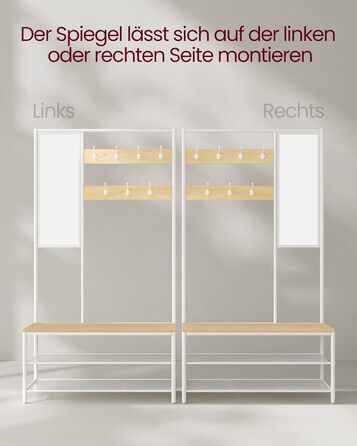 VASAGLE Clothes Rack, Coat Rack, Coat Stand with Hooks, Mirror, Bench, 35 x 98 x 180 cm, for Entryway, Bedroom, Living Room, Modern, Oak-White HSR415W09