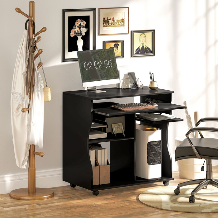 HOMCOM Computer Desk, Rolling Desk, Office Desk with Keyboard Tray, Storage, PC Table Black 80 x 48 x 75 cm | Aosom