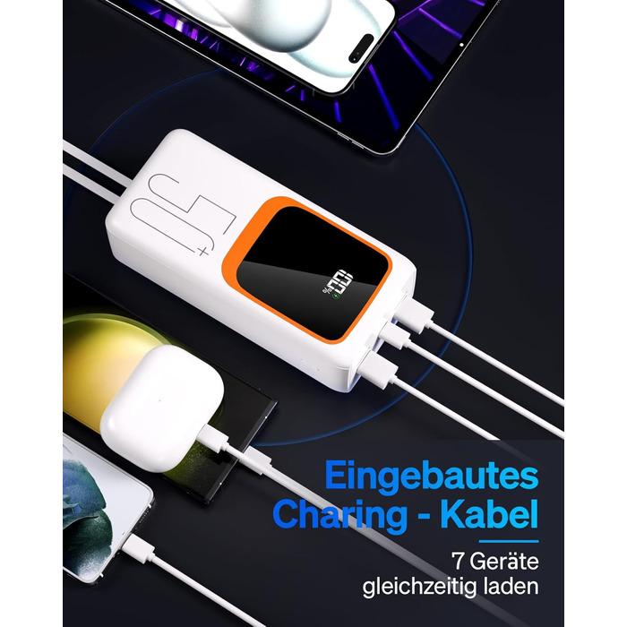 Портативний зарядний пристрій Power Bank 50000mAh з інтегрованим кабелем: швидка зарядка 22,5W, велика ємність, LED-ліхтарик, 7 виходів & 3 входи, 2x25000mAh, білий