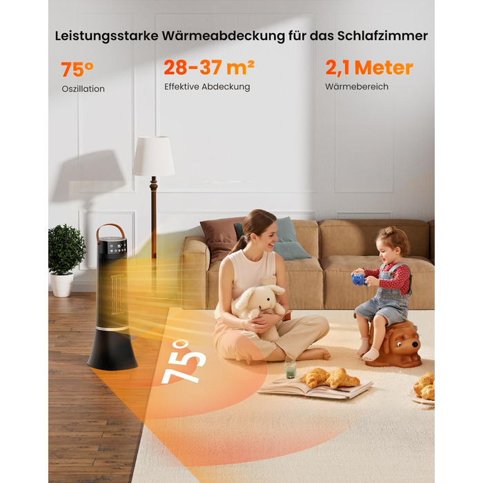 Електричний обігрівач 2000W з керамічним PTC нагрівачем, 75° обертання, термостат, тиха електропіч, 3 режими, таймер 24 години, захист від перегріву та перекидання