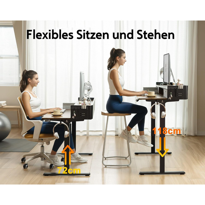 Electric Standing Desk with Drawers - 120x60cm Adjustable Height Desk for Home Office & DIY Pegboard