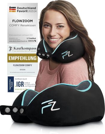 Подушка для шиї FLOWZOOM Comfy - для подорожей літаком та автомобілем. Регульована подушка з піною з пам'яті з підтримкою 360°, м'яка дихаюча обкладинка, транспортна сумка. Колір: сірий (Comfy - чорний)