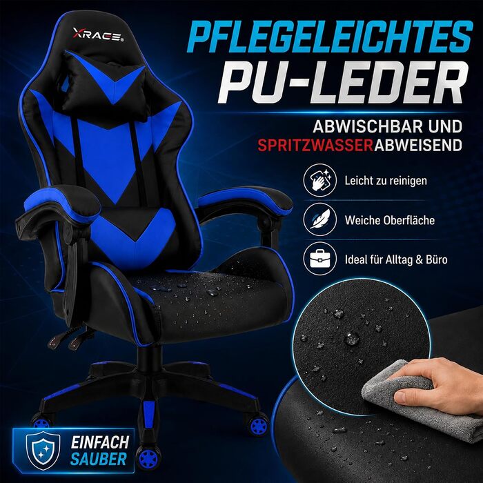 Ігрове крісло xRace Gaming: ергономічний офісний стілець з PU-шкіри та підтримкою попереку, синій (без підніжки)