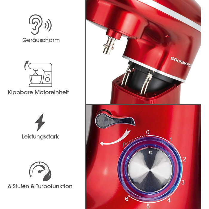 Gourmetmaxx Kitchen Machine with Kneading and Whisking Function | Powerful kitchen machine with a large 5-liter stainless steel bowl and direct drive | Includes whisk attachment, dough hook & beaters [1,500 watts] Metallic Red