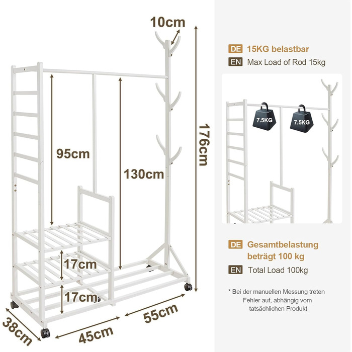 Yorbay Bamboo Clothes Rack with Wheels, Clothes Rail, 3 Shelves and 6 Hooks, Tree Shape, 100 x 38 x 176 cm (White)