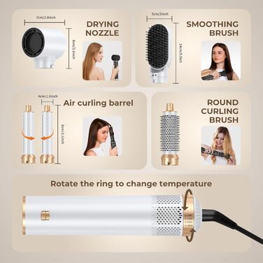 Airstyler 5 в 1: Фен-щітка для волосся, 1000W, білий. Створення об'єму, сушка, укладка, завивки. Підходить для всіх типів волосся. Набір з автоматичними локонами