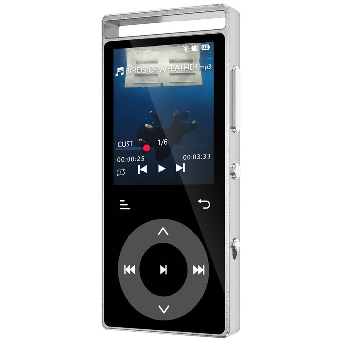 MP3 плеєр 90GB з Bluetooth 5.3 та HiFi звуком, сенсорним керуванням, кольоровим дисплеєм та FM-радіо, металевий корпус, підтримка карт пам'яті до 128GB, чорний/сріблястий
