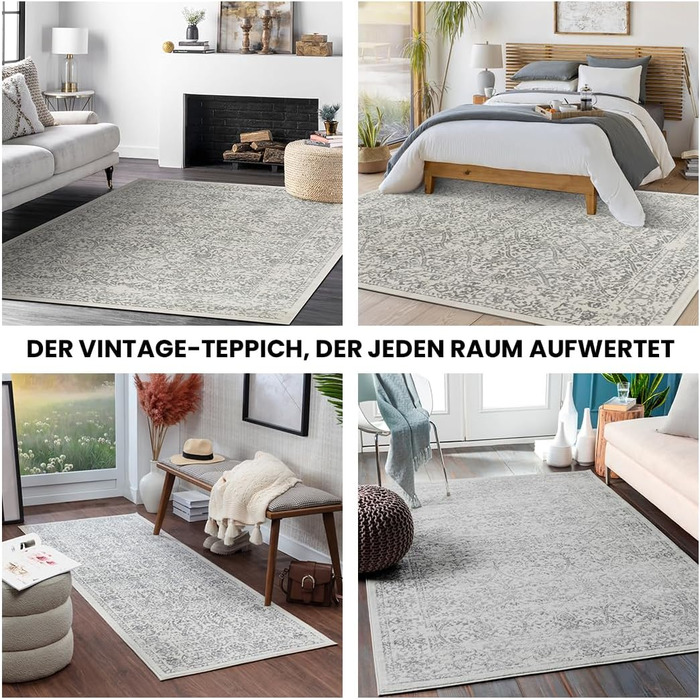 Килим Livabliss Palermo Vintage - Східний стиль, 160x216 см, для вітальні, їдальні, спальні - Бохо, короткий ворс, легкий у догляді, кольори слонова кістка та сірий