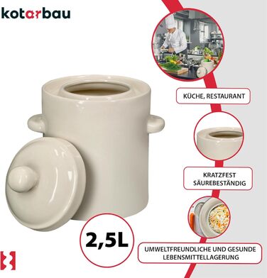 Керамічний бочонок для квашення 2,5 л KOTARBAU, білий – глечик для квашеної капусти, огірків, кімчі, ферментації, з кришкою, кам'яний горщик