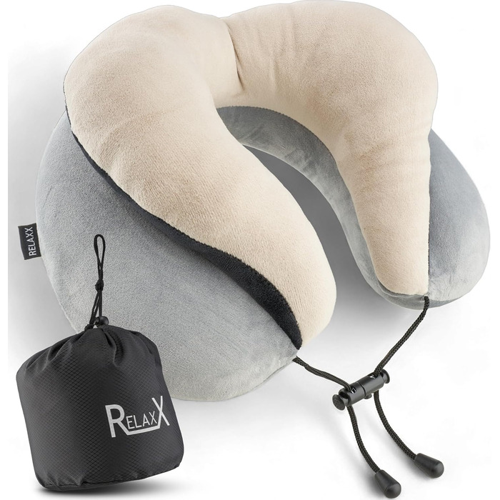 Преміальна подушка для шиї RELAXX Memory Foam L для подорожей – ортопедична подушка для літака, авто, поїзда, автобуса, ергономічне шийне ортопедичне подорожнє подушка для дорослих