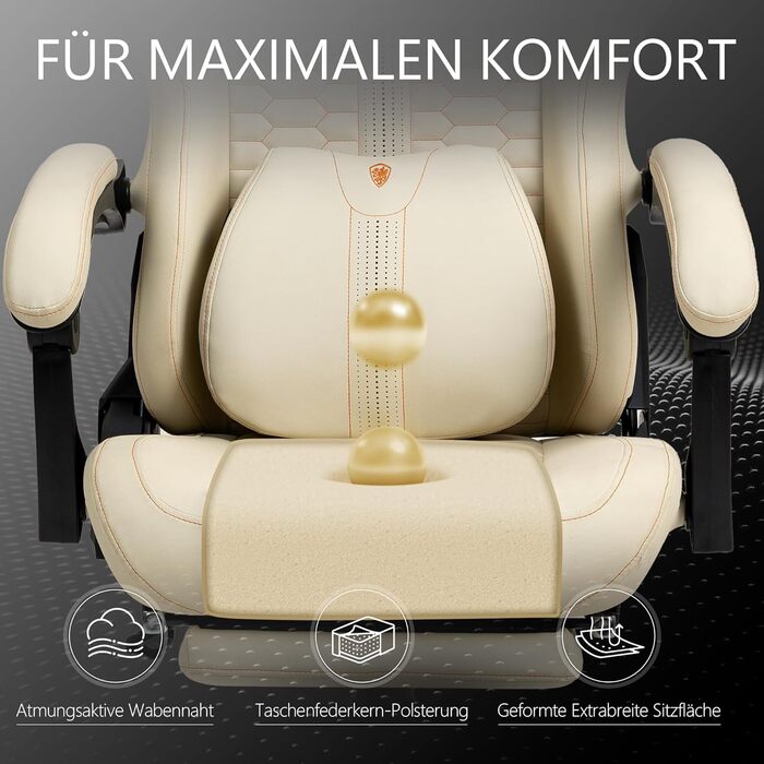 Ігровий крісло Dowinx Big and Tall з масажем попереку, підставка для ніг, ергономічне, PU шкіра, 180 кг (Бежевий)