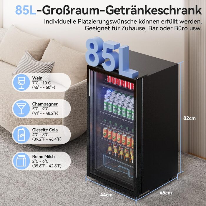 Холодильник для напоїв на 85 літрів з скляними дверцятами та блакитним LED-підсвічуванням, 3 регульовані полиці для соди/пива/вина, ідеальний для дому та вечірок