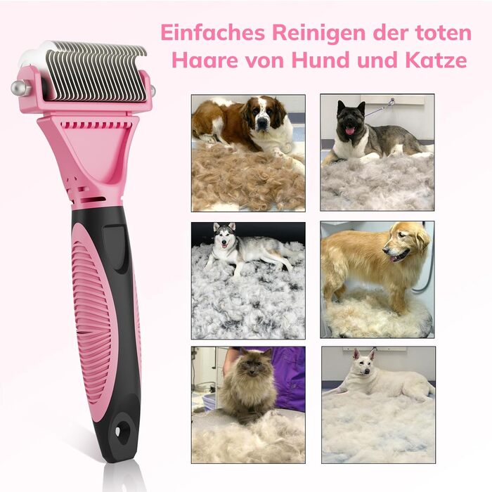 Щітка для собак та котів, 12+23 зубчики, сталевий гребінець для видалення шерсті, двостороння, проти ковтання, для собак, велика, рожева