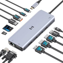 Док-станція USB-C для 4 моніторів: 13 в 1, 10Gbps, 100W PD, Ethernet, SD/TF, USB-A/C Hub для MacBook, Dell, HP (2 HDMI, DisplayPort, VGA)