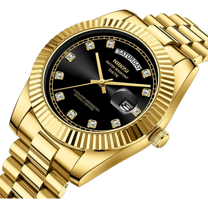 Чоловічий годинник NIBOSI: аналоговий кварцовий годинник з нержавіючої сталі, водостійкий, з датою та індикатором дня тижня. Білий циферблат, золотий корпус, чорвий ремінець. Стильний бізнес-годинник для чоловіків