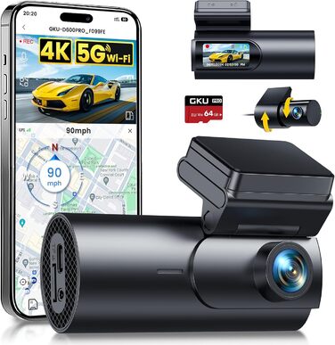 Відеореєстратор GKU 4K Dual з GPS, WiFi, ParkSurv, Нічне Бачення, WDR, 170° та G-Sensor. В комплекті SD-карта 64GB. Чорний