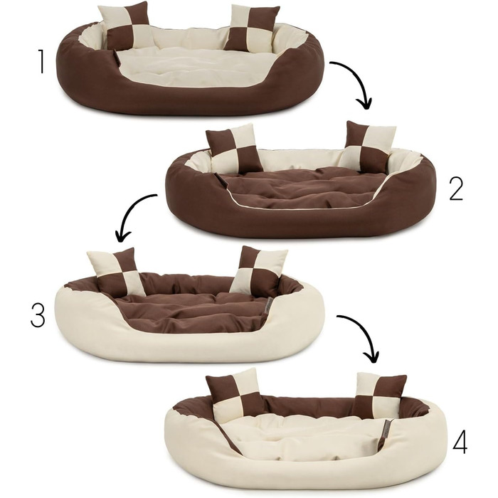 Кіжувалля для собак Lionto 4-в-1 з двостороннім подушкою з міцного оксфорду, 65x50 см, для котів та собак усіх розмірів, з глибоким входом, включає декоративну подушку, водовідштовхувальне, коричнево-бежеве