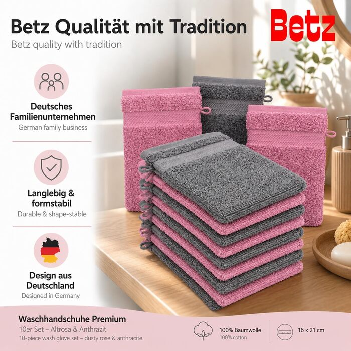 Набір махрових рукавичок для миття Betz, 100% бавовна, 16x21 см, 10 шт, колір старорожевий та антрацит
