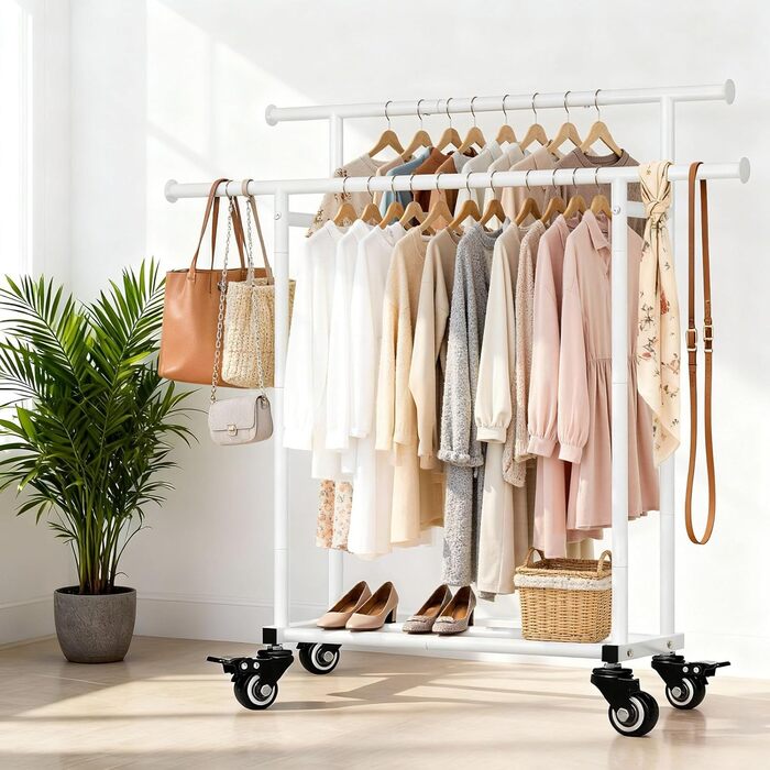 Підвісна шафа-органайзер Treeboy на колесах, мобільний вішак для одягу з 2 перекладинами та полицею, вантажопідйомність до 95 кг, легко ковзаючі колеса, швидкий монтаж для спальні, вітальні, пральні, гардеробної (Білий, 41x113x162 см)