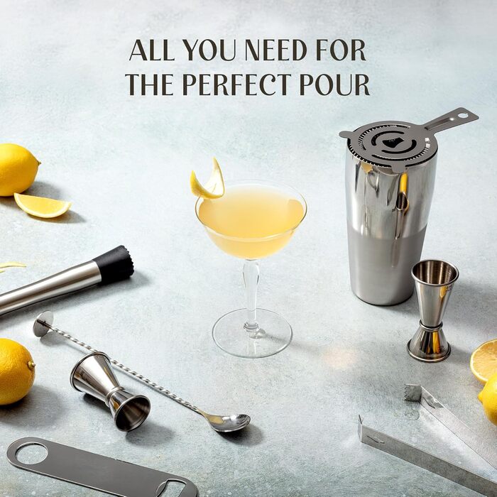 Набір бармена для коктейлів 14 предметів: шейкер, джигер, стрейнер - професійний набір для приготування коктейлів вдома та в барі. Бонус - рецепти коктейлів та коктейльні шпажки.