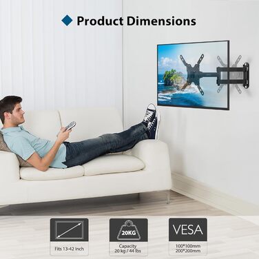 Кріплення для телевізора BONTEC: настінний тримач для LED, LCD, OLED телевізорів 13-42 дюймів, регульований, поворотний на 360°, до 20 кг, VESA 200x200 мм