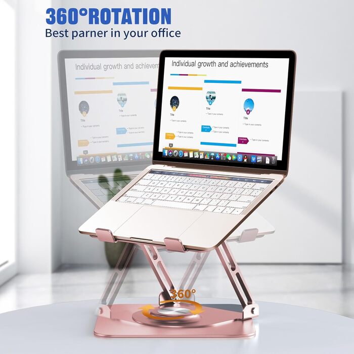 Adjustable Laptop Stand for Desk - 360° Rotating Base, Foldable & Portable - Fits 10-17 inch Laptops (Rose Gold)