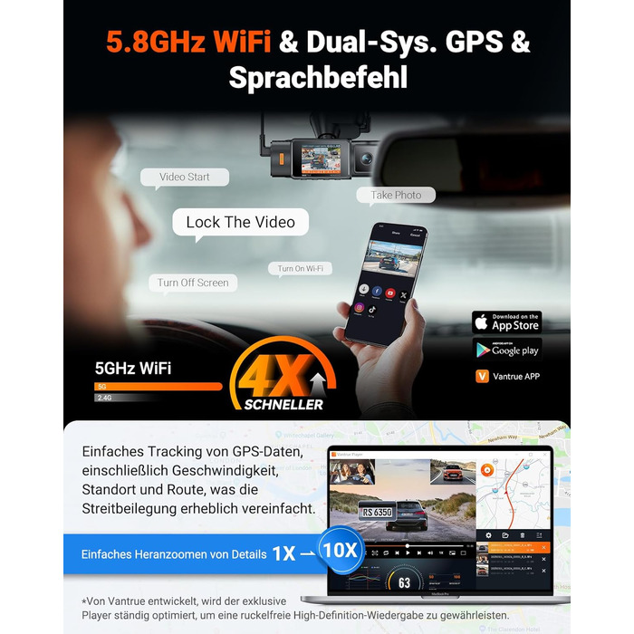 Автомобільний відеореєстратор VANTRUE N4S 3-канальний (2.7K+2.5K+1440P), STARVIS 2 HDR, нічна зйомка, 5GHz Wi-Fi, GPS, 24г паркування, G-сенсор, підтримка 1ТБ, для авто